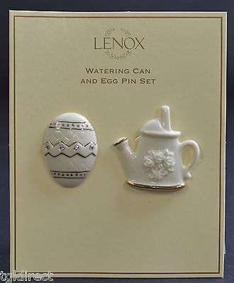 Lenox Signed Pin Set Trimmed In 24 Karat Gold Watering Can & Easter Egg Jewelry - $24.18