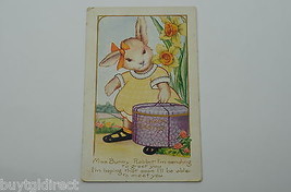 Vintage Paper Greeting Postcard Happy Easter Miss Bunny Rabbit Early 1900 Art - £11.36 GBP