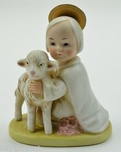 Homco Angel Holding Lamb Ceramic Figurine #5605 4&quot; Tall Collectible Little Girl - £13.91 GBP