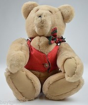 Collectible Tan Teddy Bear In Red Vest &amp; Red Bow Tie 18&quot; Tall Christmas - £7.66 GBP