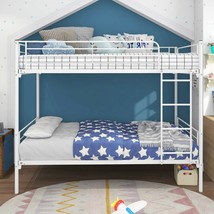 Twin-Over-Twin Bunk Bed with Metal Frame and Ladder, Space-Saving Design, White - £182.73 GBP