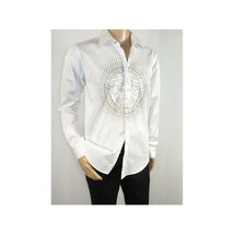 Mens CEREMONIA Shirt 100% Cotton Medusa Medallion Rhine Stones #STN 13 VRS white image 8
