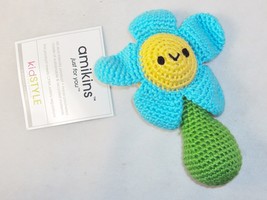 Hand Crocheted Baby Rattle ~ Blue &amp; Yellow Flower Face ~ Amikins KidStyle - £11.71 GBP