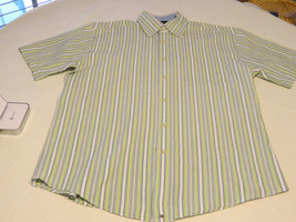 Tommy Hilfiger Cottn Mens short sleeve button up shirt M green white striped EUC - £20.56 GBP