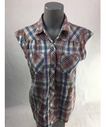 Ricki Miss Erika Womens Button Up Shirt Blue Red Plaid Cap Sleeves Pocke... - $19.99