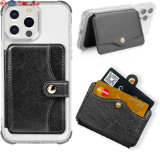 Stick-On Phone Wallet Universal Credit Card Holder with Kickstand, Black Leather - £10.81 GBP