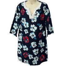 Talbots Womens Tunic Dress Navy Blue Linen Hibiscus Floral Size S Beaded 3/4  - $39.55