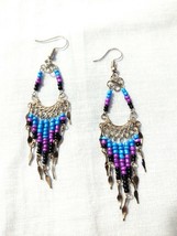 Blue Purple Black Seed Bead And Alpaca Silver Color Chandelier Tassel Earrings - £8.01 GBP
