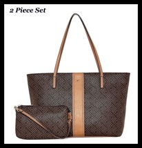 2 Pc Set Brown Tan Liz Claiborne LISA Monogram Large Tote Shoulder Handbag $90 - £52.60 GBP