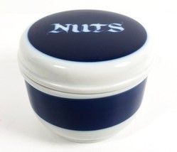Porsgrund Norway Porcelain Covered NUTS Dish Jar With Lid 4x5&quot; Blue White 1970s - £55.22 GBP