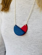 Shiny Indigo Polymer Clay Necklace, Glitter Blue and Indian Red Geometric Shaped - £14.39 GBP