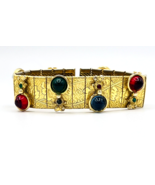 Vintage Multicolor Jeweled Cabochon Etched Gold Tone Mesh Panel Bracelet - £94.68 GBP