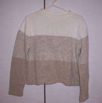 LIZ CLAIBORNE Liz Sport White &amp; Lt Khaki Tan Cotton Sweater Petite Med EUC - £10.16 GBP