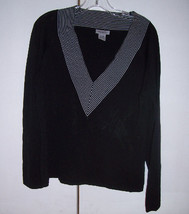 MAC &amp; JAC Black Knit V-Neck White Stripes Long Sleeve Sz Large EUC - £15.95 GBP