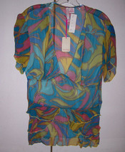 NWT Nelli by Janice Jaraicie Silk Print Tiered Peplum Top Pink Blue Oliv... - £5.58 GBP