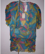 NWT Nelli by Janice Jaraicie Silk Print Tiered Peplum Top Pink Blue Oliv... - $133.04 MXN