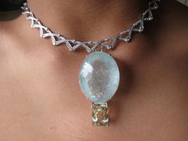 Huge 160 ct aquamarine, Golden Beryl, 14k white gold diamond lattice necklace - £31,654.48 GBP