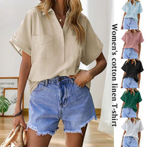 Women&#39;s Short Sleeved Shirt with Pocket Pullover Shirt Loose Cotton Linen Shirt - £12.00 GBP