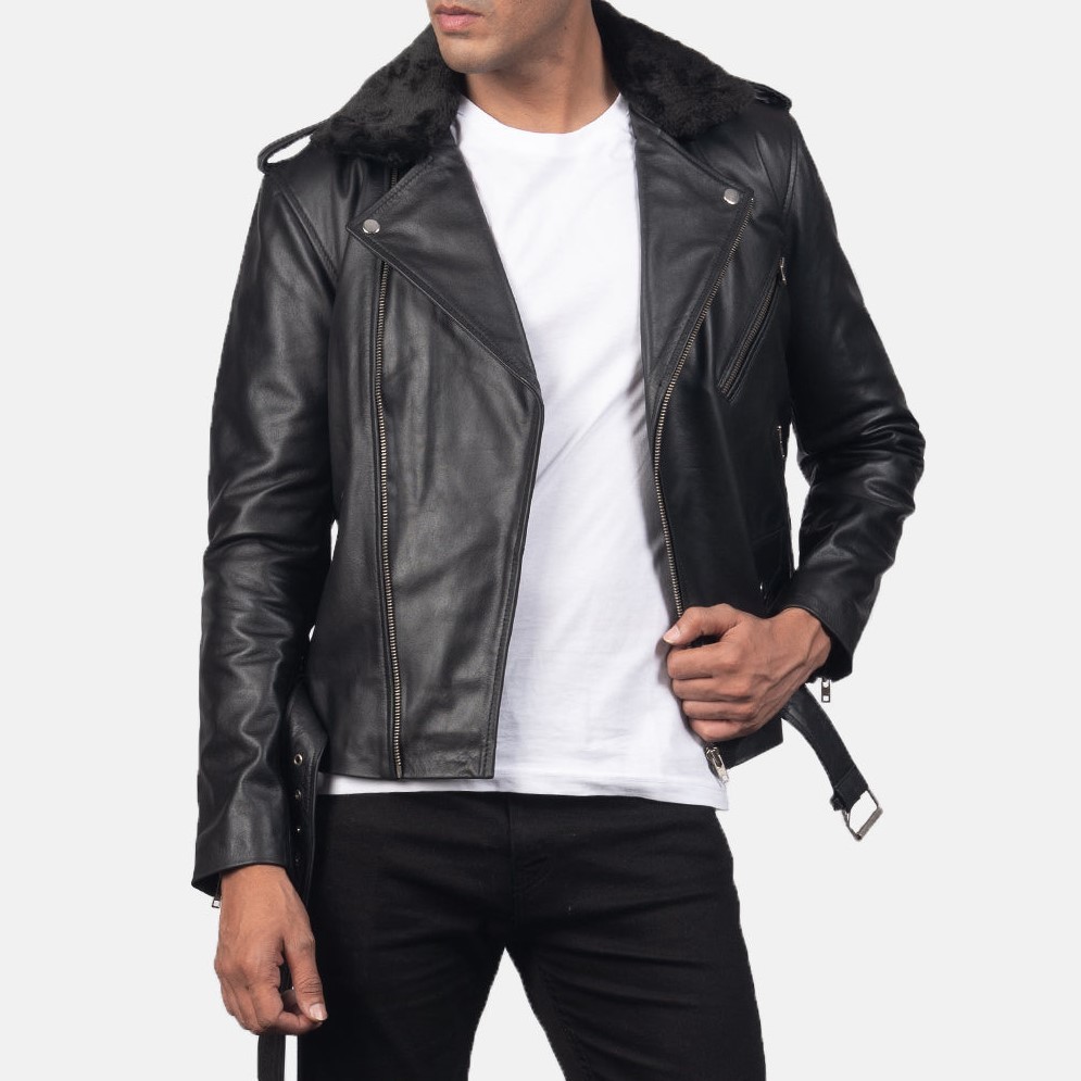 Men's Furton Black Leather Asymmetrical Biker Jacket with Shearling Collar - $49.00 - $129.00
