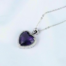 3Ct Heart Cut Amethyst Halo Pendant 18&#39;&#39; Free Chain 14k White Gold Finish - £96.84 GBP