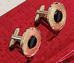 Vintage Cufflinks Gold Tone Round Textured Design w/ Black Onyx Disc - £9.01 GBP