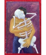 Mexican Master Alfredo Vilchis Self Portrait With Skeleton Lover Painting - $200.00