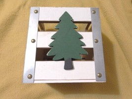 Christmas Tree Wood Metal Box Rustic Planter Pot Handles Green White - £5.50 GBP