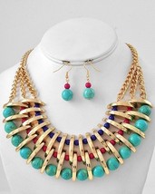 Designer inspired Dramatic turquoise stone wide bib gold tone necklace set - $34.64