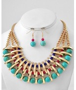 Designer inspired Dramatic turquoise stone wide bib gold tone necklace set - £27.68 GBP