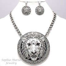 Bold statement lion pendant necklace set antiqued silver link celebrity ... - $28.70