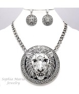 Bold statement lion pendant necklace set antiqued silver link celebrity style - £23.08 GBP