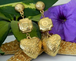 Vintage Puffy Heart Dangle Drop Earrings Southwestern Gold Tone Post - £15.94 GBP