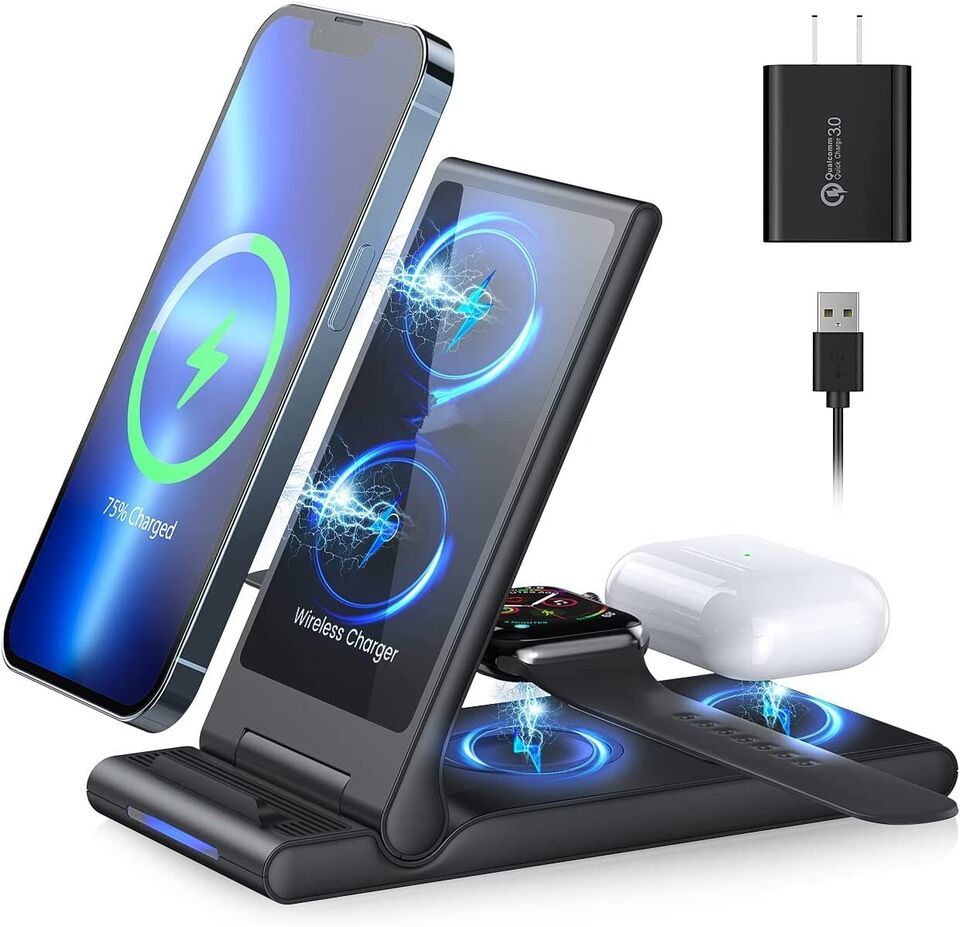 Wireless Charger Station, Foldable 3 in 1 Wireless Charger,15W Fast Charging - $29.98