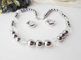 Sparkling Silver Metal &amp; Clear Beads Necklace Earrings Set Vintage Demi ... - $30.00