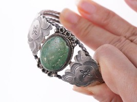 6 3/8&quot; c1940&#39;s Navajo stamped silver and turquoise bracelet - £272.96 GBP