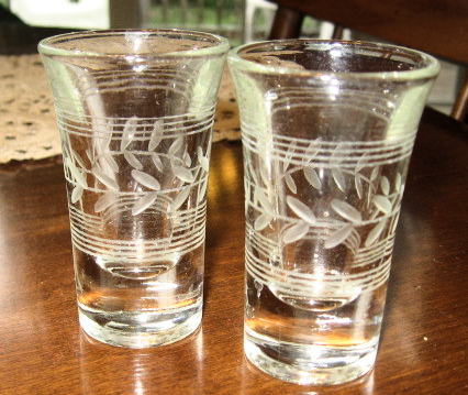 Etched Shot Glasses-Set of 2-Clear Glass-Vintage-Stripes & Vine - $8.75