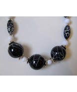 Black White Beaded Silver Metal Disc Necklace Round Oval Unique Handmade - $35.00