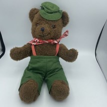 Vintage LL BEAN TEDDY BEAR 15.5&quot; Plush Green Overalls Bandana Hat Felt Conductor - £18.37 GBP