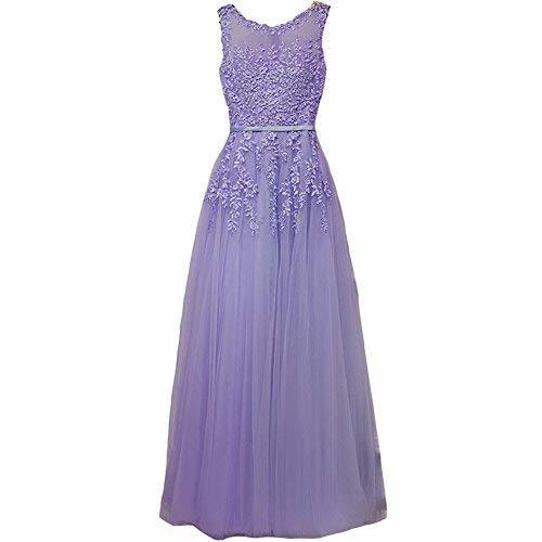 Pearls Long Sheer Back Tulle Lace Appliques Formal Prom Evening Dresses Lavender