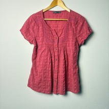 Prana Womens Textured Short Sleeve Button-Up Blouse Large Pink Peasant Boho - $20.57