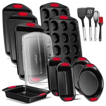 15 Pcs. Kitchen Oven Baking Pans-Nonstick Carbon Steel W/ Red Silicone - £133.10 GBP