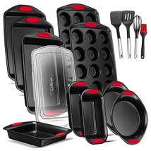 15 Pcs. Kitchen Oven Baking Pans-Nonstick Carbon Steel W/ Red Silicone - £135.91 GBP