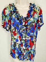 Style &amp; Co Red Blue Floral Ruffle Crinkle Sheer Blouse Button Front Size... - £7.83 GBP