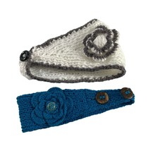 Womens Lot of 2 Crochet HairBand HeadWrap Knit Warmer White Aqua Flower Winter - £9.34 GBP