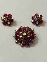 Vintage Ruby Red Rhinestone and AB Brooch and Clip Earrings Set Riveted Brooch - £25.58 GBP