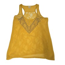 Women&#39;s Daytrip Racerback Tank Top Rhinestones Sheer Lace Overlay Yellow Medium - $9.68