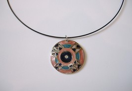 Pink Teal Enamel Silver Metal Pendant Black Neckwire Necklace Magnetic Close - £28.14 GBP