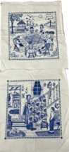 Smile Quilt Handcrafted Blocks Blue &amp; White Country Folk Art Scenes 11&quot;x11&quot; Vtg - $37.18