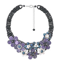 Stunning Purple Blossoms Stone Pearls and Crystals Statement Necklace - £56.20 GBP