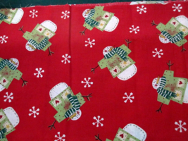 Fabric Fat Snowmen Dressed in Green on a Christmas Red Background $1.95 - £1.50 GBP